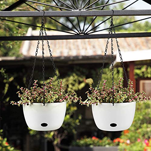 T4U Self Watering Hanging Planter Pot With Watering Hole 9.5 Inch White Set Of 2 - Round Plastic Hanging Basket Flower Pot Plant Holder For Outdoor Garden House Porch Decor Wedding Gift #TOP2
