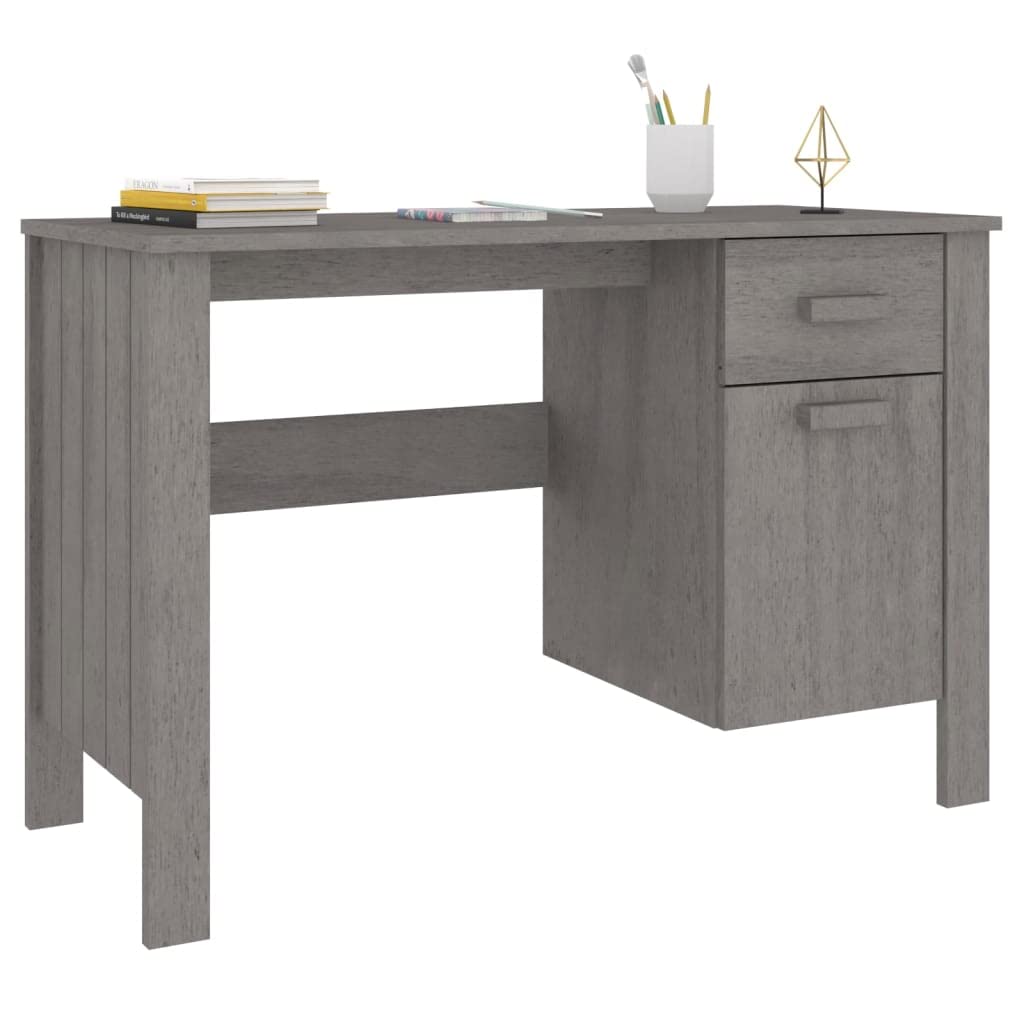 Scrivania grigio chiaro in legno di pino massiccio, 113 x 50 x 75 cm, con cassetto e porta, per ufficio, casa, studio e camera dei ragazzi