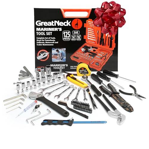 Great Neck MS125 125 Piece Marine Tool Set, Gifts for Men, Dad Gifts, High Visibility, Water-Resistant Boat Tool Box Case, Anti-Rust Chrome-Plated Boat Supplies And Accessories