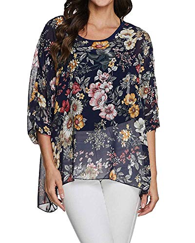 Rokou Women's Floral Printed Blouse Batwing Sleeve Top Chiffon Poncho Casual Loose Shirt Beach Tunic Tops