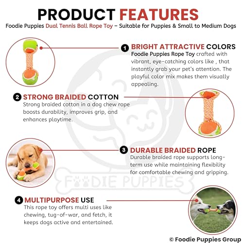 Image of Foodie Puppies Durable Cotton Rope Chew Toy for Dogs (Double Tennis Ball) | Chewing, Fetching, Playing, Teething & Training for Small to Medium Dogs & Puppies (Color May Vary)