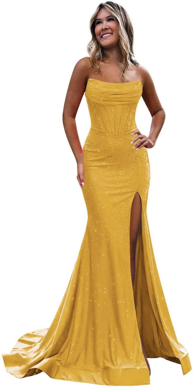 Glitter Sequin Prom Dresses for Women with Slit Strapless Corset Mermaid Evening Formal Party Gown