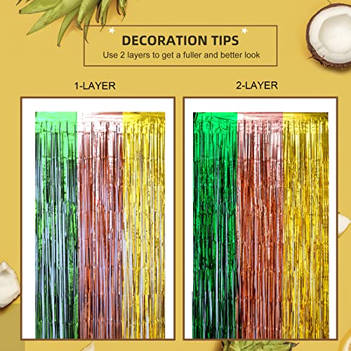 Lolstar Hawaiian Luau Party Decorations, 2 Packs Of 3.3X6.6 Ft Green Brown And Yellow Foil Fringe Curtains Tinsel Photo Booth Props, Streamer Backdrop For Hawaiian Tropical Party Decorations #TOP4