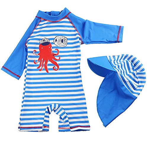 Baby Kids Boys One Piece Blue Stripe Crab Short Sleeve Rash Guard Swimwear Outfit UPF 50+ UV Swimsuit with Sun Hat (18-24 Months)