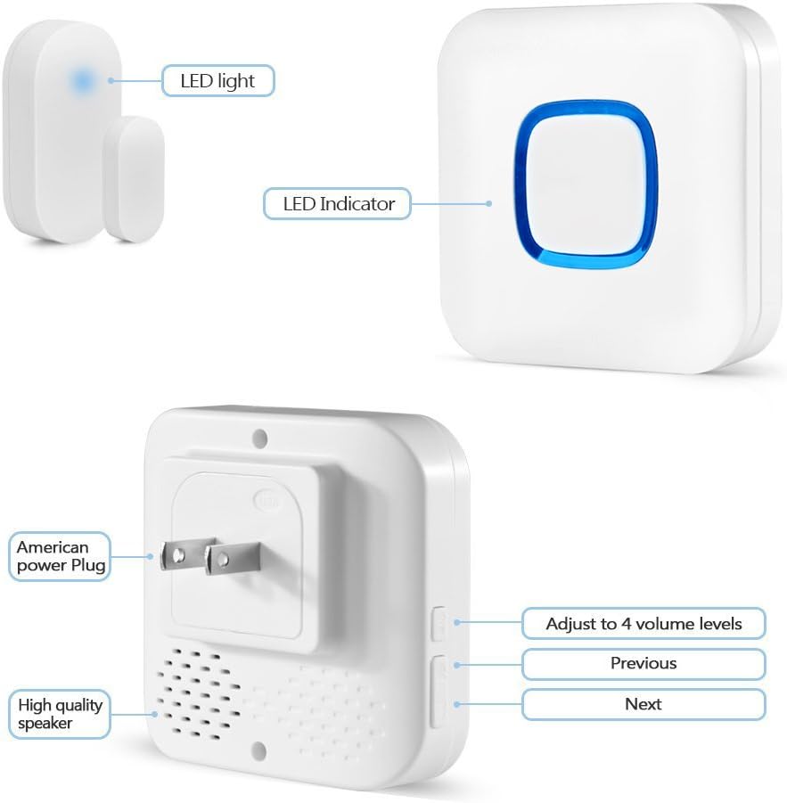 HEHUI Expandable Wireless Door Open Chime Door Entry Alarm With Operating in Range 600 feet/52 chimes/ 4 Level Volume/LED Flash /1 Magnetic Door Chime Sensor & 1 Plug-in Receiver