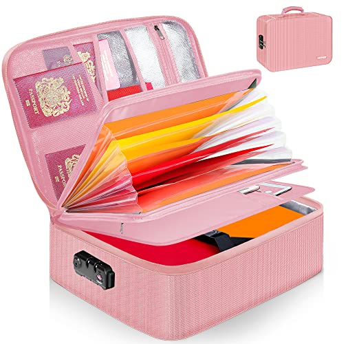 Image of Noiposi Document Organizer with 5200℉ Heat Insulated,16.1"x11.4"x4.3" Waterproof and Fireproof Document Box,Portable Home Travel Safe Storage Box for Important Documents and File,Pink