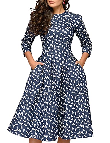 Simple Flavor Women's Floral Vintage Dress Elegant Midi Evening Dress 3/4 Sleeves (0805Navy, X-Large) #TOP2