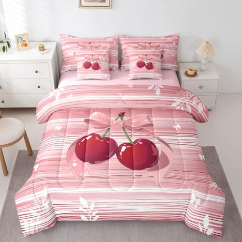 Image of Erosebridal Cherry Bow 7 Pieces Bedding Set Full Size Pink Valentine Comforter Set for Girls Romantic Bowknot Bowtie Bed in A Bag with Flat and Fitted Sheet Geometric Stripes Cottagecore Quilt Set