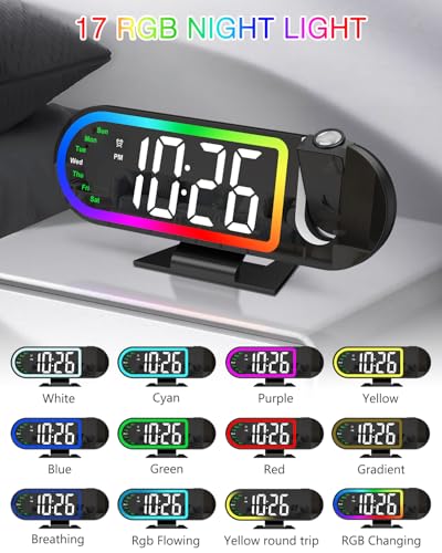 ORIA Projection Alarm Clocks for Bedrooms, 8.5" Digital Clock with 180° Rotatable Projector, 17 RGB Night Light & 3-Level Dimmer, Snooze, Temperature, for Home, Bedside, Ceiling, Wall - Image 4