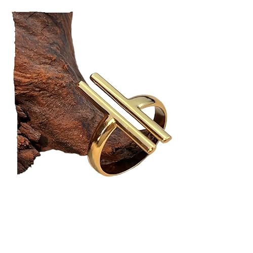 crayfomo Stainless Steel Geometric Stripe Ring Set of 2, Gold Tone Titanium Steel Minimalist Stackable Rings, Fade-Double column double loop
