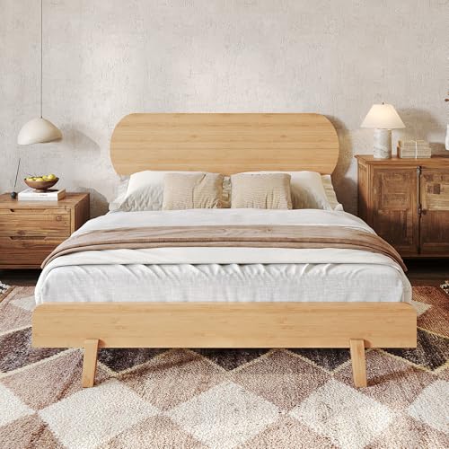 Image of Bellemave Queen Size Bamboo Bed Frame with Headboard,Bamboo Platform Bed Frame Queen Size with Rounded Headboard and Wood Slats,Easy Assembly,Natural