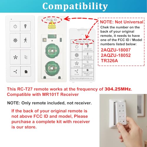 Image of Ceiling Fan Remote Control with Light Dimmer, 3 Speeds Wall Remote | Compatible with Harbor Breeze, Prominence, Replacement for TR326A, 2AQZU-18052, 2AQZU-18007, 304.25MHz (Remote Only)