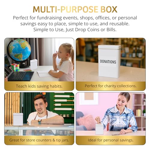 Metal Tin Charity Donation Box Tip Container Coin Collection Box Ticket 5" H x 3.5" W x 2.5" D with slot on removable cover (10 Pack) White by My Charity Boxes - Image 7