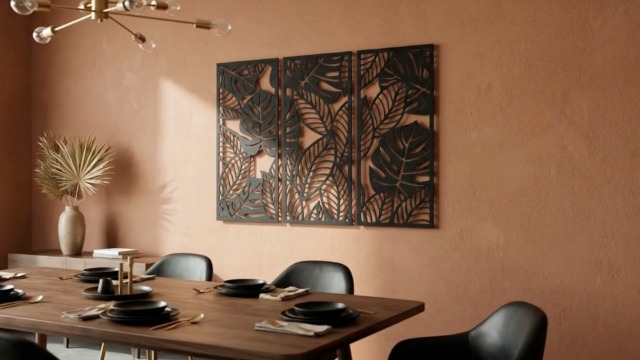 Sylixonae Set Di 3 Decorazioni Murali In Legno A Forma Di Foglie Di Palma, Intaglio Laser 3D, 30x25 Cm, Per Soggiorno, Bagno E Giardino - 4