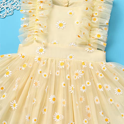 Newborn Infant Baby Girl Ruffle Tutu Romper Dress 1St 2Nd Birthday Party Cake Smash Outfit Toddler Summer Flutter Sleeveless Floral Princess Tulle One-Picece Baptism Pageant Dress Yellow Daisy 18-24M #TOP3