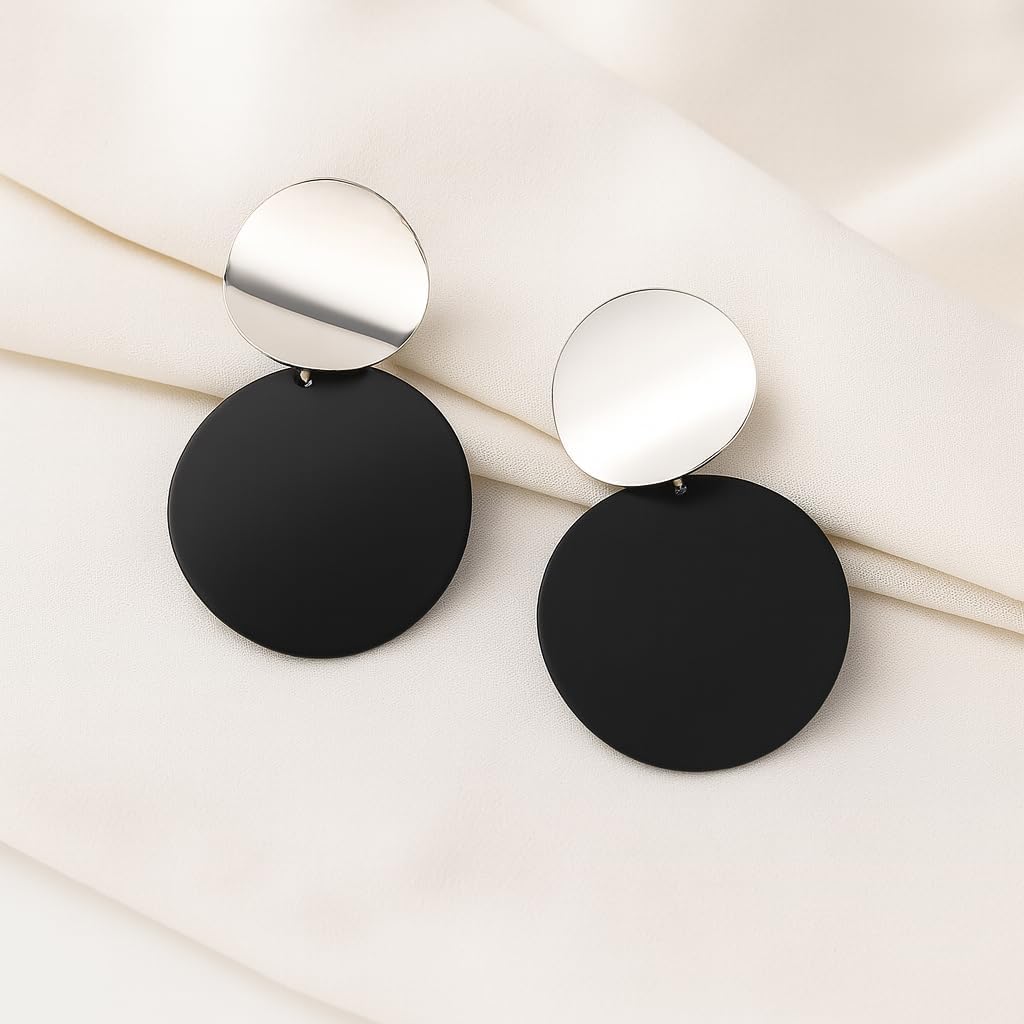 Round Curved Clip On Earrings Women, Lightweight Statement Gold Black Discs Dangle Drop Earrings for Non Pierced Ears Jewelry Gift