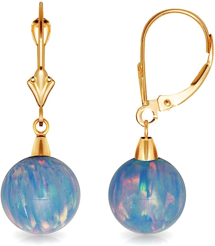 14k Yellow Gold Light Blue 8x8mm Simulated Opal Ball Drop Leverback Earrings 28x8mm Ball Earring for Women