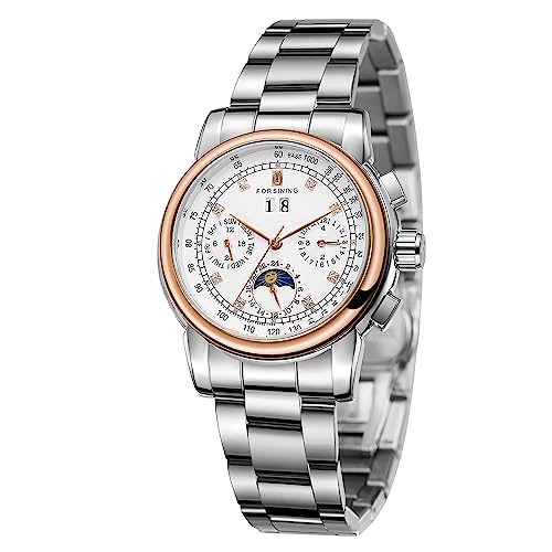 Image of FORSINING Women Automatic Watch Self Winding Calendar Retro Multi-Dial Lady Moon Phase Wrist Watch with Stainless Steel Bracelet (RoseGoldWhite)