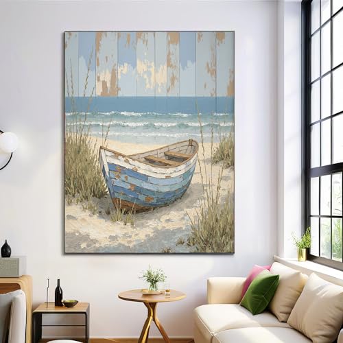 Sans Cadre Impression Sur Toile Bateau En Bois Vintage Côte Tableau Mural Peinture À L'Huile Paysage Beige Bleu Peinture Poster Photo Sur Toile Tableau...