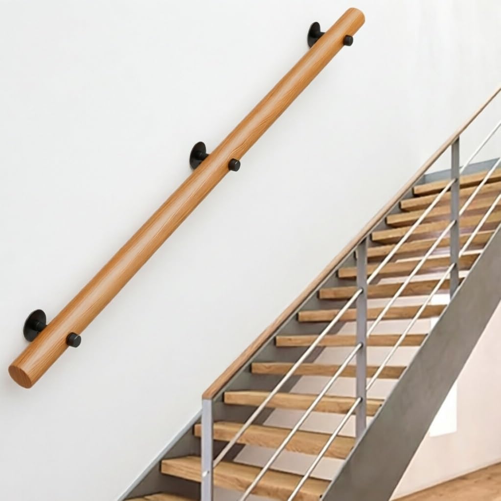 DMCHENGMA Wooden Staircase Railing - Wall Mount Banister with Brackets - Round Safety Grab Bar - Easy to Install Handrail(13.1ft/400cm)