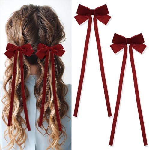 2 PCS Red Velvet Hair Bows Burgundy Hair Bow Clip Burgundy Tassel Ribbon Bows for Head Cute Velvet Bow with Long Tail Clip for Women Girls