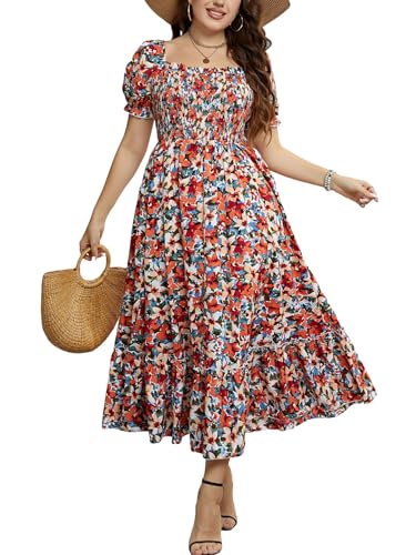 Robe d'été grande taille avec col carré géométrique et buste smocké