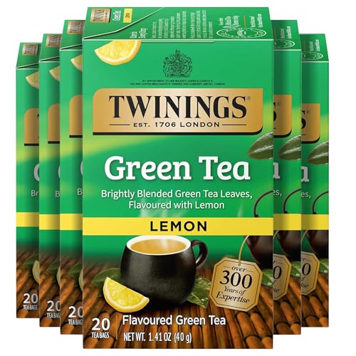Twinings Green Tea with Lemon Individually Wrapped Bags, 20 Count (Pack of 6), Zesty Citrus Aroma &amp; Flavour, Caffeinated, Enjoy Hot or Iced, 120 Teabags
