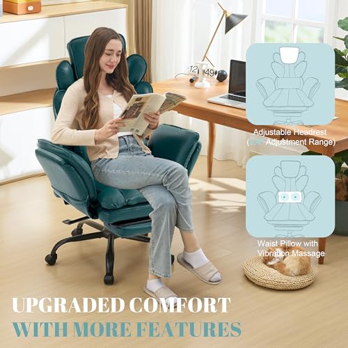 Image of Flip Armrests Criss Cross Office Chair, Reclining Office Chair with Foot Rest, Adjustable Headrest, Massage Waist Pillow, Cross Legged Big and Tall Desk Chair Wide Seat Vanity Chair, Green PU Leather