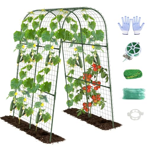 Cucumber Trellis, Metal Garden Arch Trellis for Raised Bed, 32 x 48inch U-Shape Garden Trellis for Climbing Plants Outdoor, Vegetables Fruit Plant Support with Netting, Gardening Supplies (Green)