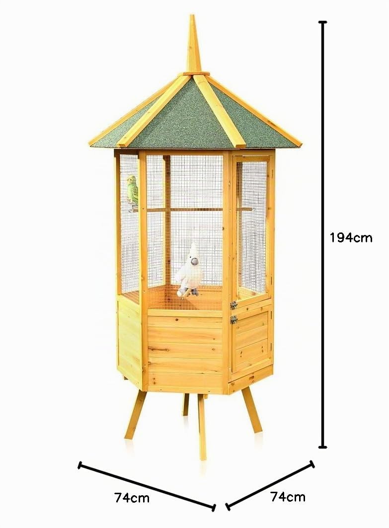 Melko Vogelvoliere Vogelkäfig Vogelhaus 6-eckig XXL Holz 74x74x194 cm Braun | verzinkter wetterfester Draht, 2 herausziehbare Bodenschubladen zur Reinigung, vorimprägniert, große und separate kleine Tür