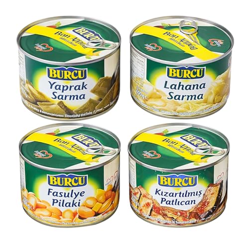 Burcu Konserve 400 gr Teneke 4 lü Hazır Yemek Karma Paket, Yaprak Sarma, Lahana Sarma, Fasulye Pilaki, Kızartılmış Patlıcan, 4'lü Set