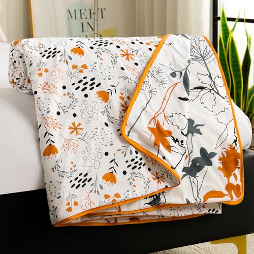 Image of Story@Home Dohar Double Bed Cotton 100% | 150GSM 225 x240 cm Quilt AC Blanket for Summer | AC Comforter Double Bed | Grey & Yellow, Floral Reversible Design Duvet | All-Season Blanket