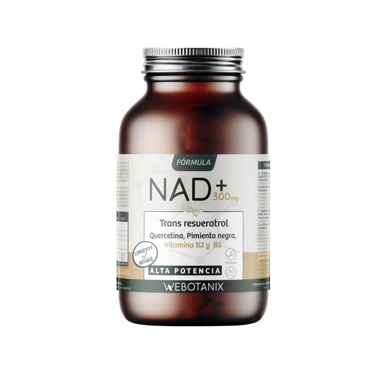 WeBotanix | Fórmula NAD+ con Trans-Resveratrol y Quercetina | 60 Cápsulas | Con Vitaminas B2 y B5 + Piperina | Energía Celular, Reparación y Longevidad | Sin Gluten | Vegano