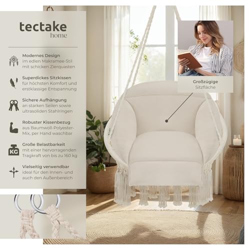 tectake® Hängesessel, Hängeschaukel mit dicken Kissen & Quasten, Boho Hängekorb Ø 80 cm, Hängesessel mit Gestell für Garten, Balkon und Wohnzimmer, Nestschaukel Outdoor & Indoor, Gartenstuhl - beige 2