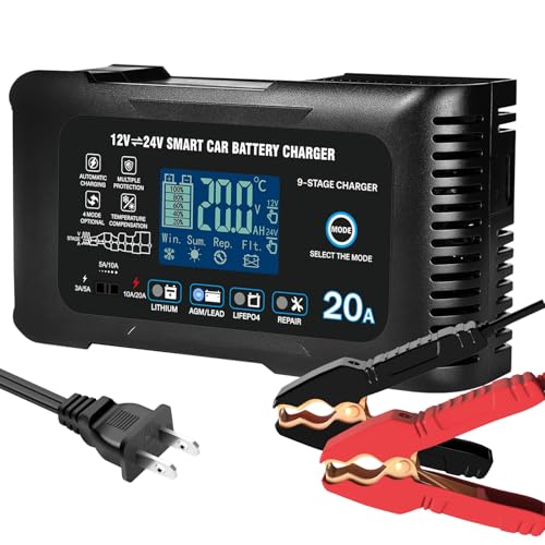 YHCHKJ 20Amp: 12/24V Smart Car Battery Charger – Automatic Maintainer, Trickle Charger & Desulfator with Overcharge Protection & Temperature Compensation – for Lead-Acid & Lithium & LiFePO4 Batteries