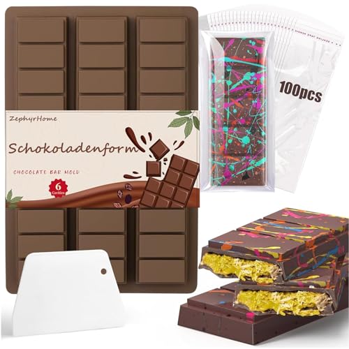 1 Pièce Moules à Chocolat en Silicone,Moule Tablette de Chocolat de 6 Cavités Anti adhésif,contient 100 sacs et un grattoir,Moules en silicone pour bricolage Gelées,Chocolats pour adultes et enfants