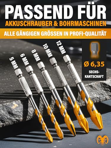 RAMMBOCK® Keramikbohrer Set (5 Stück) - Ideal für Keramik, Feinsteinzeug, Fliesen & Mehr I Karbid-Bohrer für präzises Bohren I Fliesenbohrer in 5mm, 6mm, 8mm, 10mm, 12mm I Feinsteinzeug Bohrer