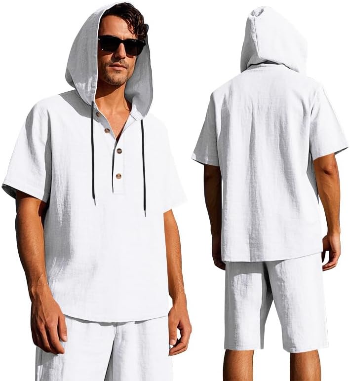 Men's 2 Piece Linen Outfits Short Sleeve Hooded Shirt and Beach Shorts Set Casual Summer Matching Set