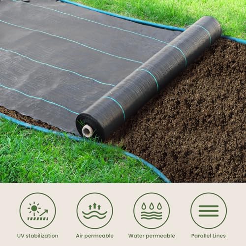 OUNUO 2mx10m Unkrautvlies Gartenvlies gegen Unkraut, Reißfestes Unkrautfolie Wasserdurchlässig Unkrautgewebe 90g/m², Rolle Bändchengewebe Hohe UV-Stabilisierung 4