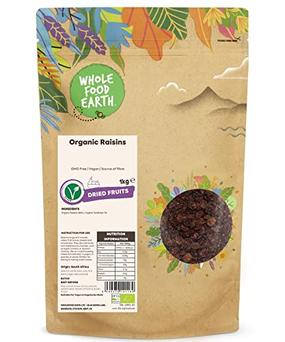 Wholefood Earth - Pasas ecológicas, 1 kg, sin transgénicos, veganas, fuente de fibra, con certificación ecológica
