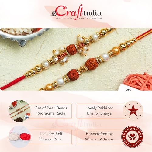 Image of eCraftIndia Pearl Beads Rudraksha Rakhi Set of 2 | Rakhi for Brother Bhaiya Bhai with Best Bro Ever Fridge Magnet | Roli Chawal Pack