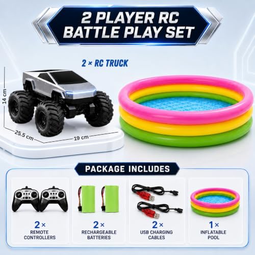 Image of GRAPHENE 1:18 4WD Amphibious RC Battle Monster Trucks Pack of 2 with 4-Foot Pool Waterproof 360 Stunt Rotation Cars 2.4GHz Rechargeable All-Terrain Off-Road Remote Control Toys LED Lights Kids Adults