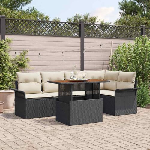 Teenpull Garten-Sofa-Set 6-teilig Schwarz-Creme, 100x55x73 cm, aus Polyrattan & Stahl, mit Akazienholz, Eckbank & Stauraum, für Terrasse & Garten