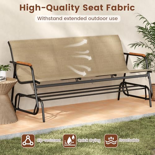 Image of Giantex Patio Glider, 3-Person Swing Gliding Loveseat with Curved Teak Armrests, Fabric Seat, Metal Frame, Load 990lbs, Outdoor Rocking Chair for Porch, Yard, Poolside (29 inchx66.5 inchx33 inch)