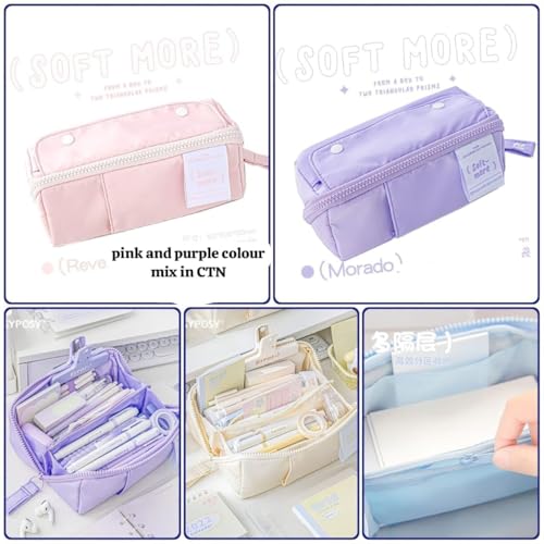 Image of WORSHIPER Kawaii Cute Pencil Pouch with Push Pull Eraser Set for Kids | Premium Canvas Zipper Stationery Organizer Box with Cartoon Design | Gift Combo for Boys & Girls (Soft More Pink + Earser)