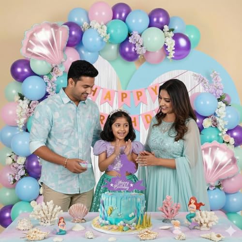 Image of Party Propz Mermaid Theme Birthday Decorations Kit for Girls - 47 Pcs, Happy Birthday Banner, Shell Foil Balloons, White Foil Curtain & Cake Topper, Sea Theme Decorations