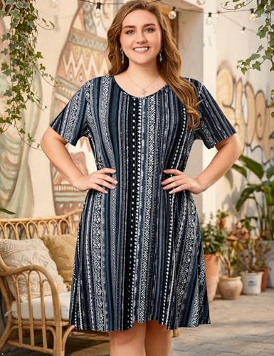 Image of OVERWORETY Womens Short Sleeve Plus Size T-Shirt Dress V Neck Casual Loose Swing A-Line Summer Tunic Dresses with Pockets
