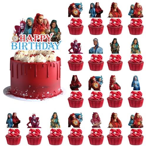 37pcs Rise of Red Cake Decoration, Descendants Party Supplies include 1pc Big Cake Topper 36pcs Cupcake Toppers for Descendants Theme Birthday Party Decor (Red Descendants)