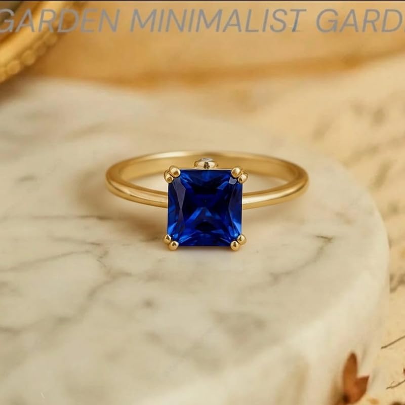 Blue Sapphire Princess Cut Solitaire Ring in 14K Gold Plated Sterling Silver Women Ring Handmade Jewelry GMR104