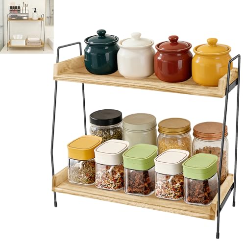 HeliWealth Wooden Two-Tier Coffee Station Organiser for Countertop - Kitchen Storage Shelf for Coffee Bar Essentials, Spices & Office Supplies